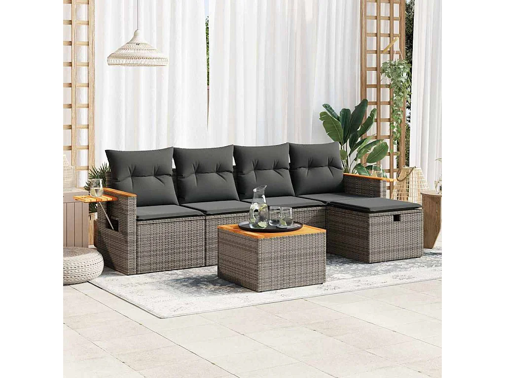 Set Divano da Giardino 6 pz con Cuscini Grigio in Polyrattan