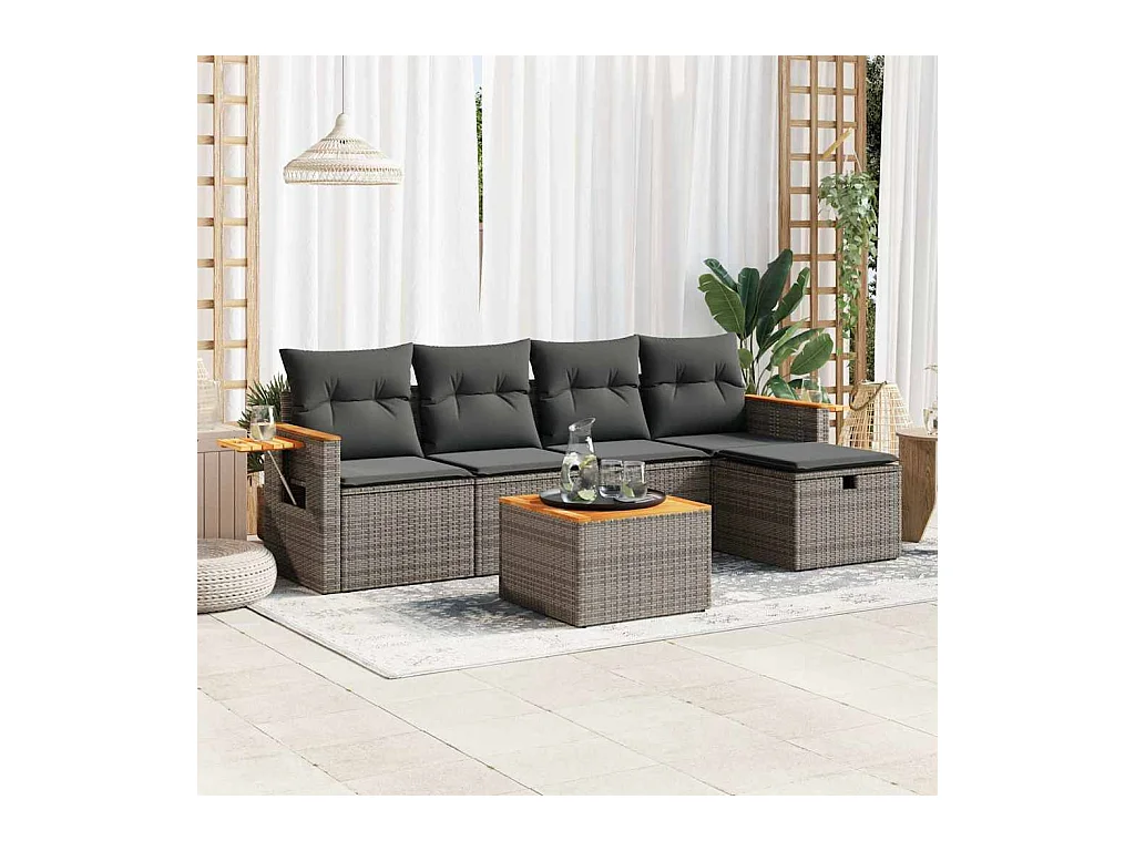 Salon de jardin 6 pcs avec coussins gris résine tressée