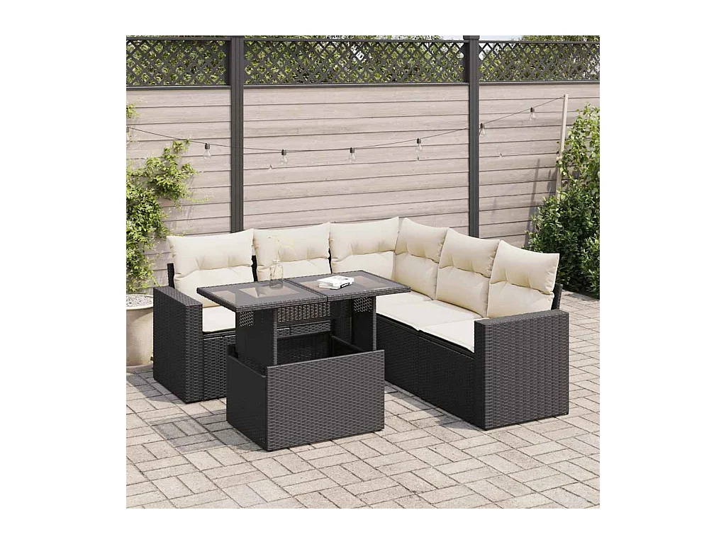 Salon de jardin 6 pcs avec coussins noir résine tressée