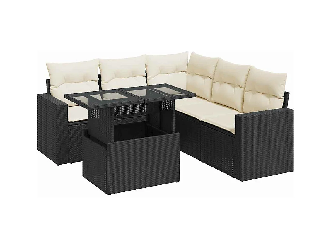 6-delige Loungeset met kussens poly rattan zwart