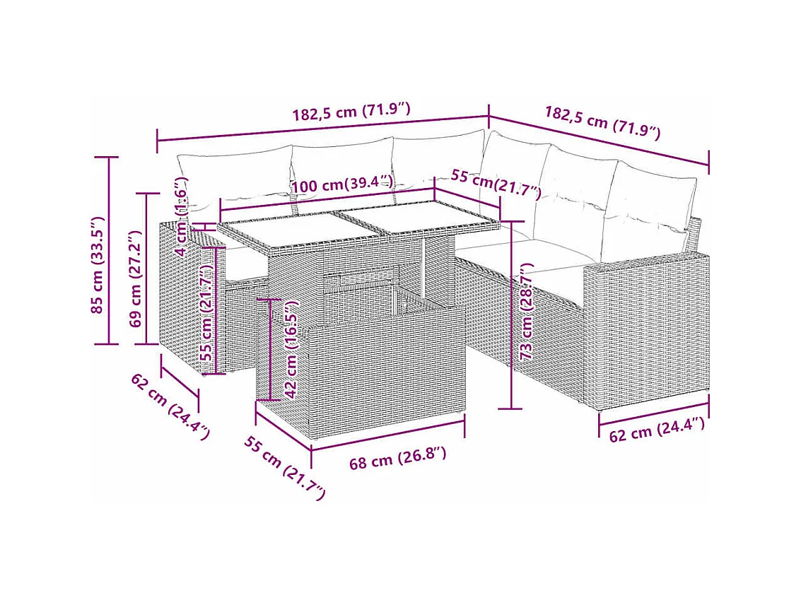 6-delige Loungeset met kussens poly rattan zwart