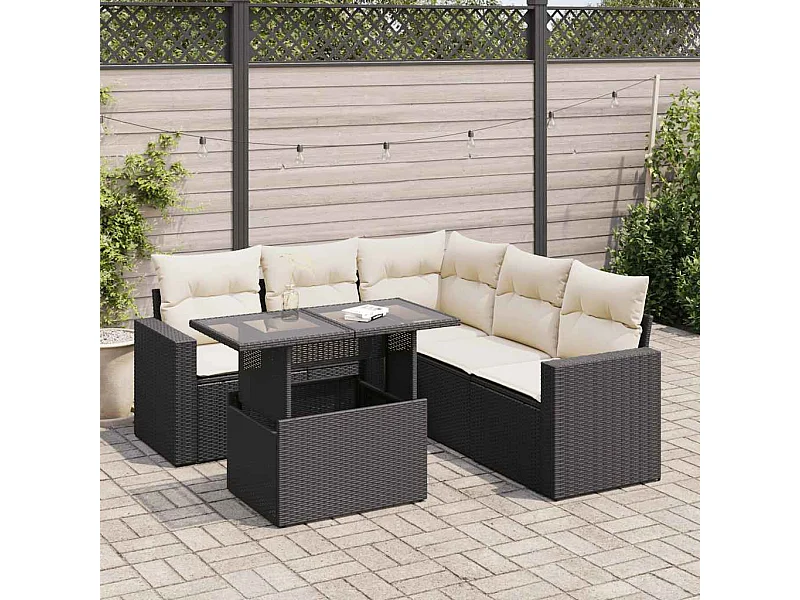 Set de sofás de jardín 6 piezas y cojines ratán sintético negro
