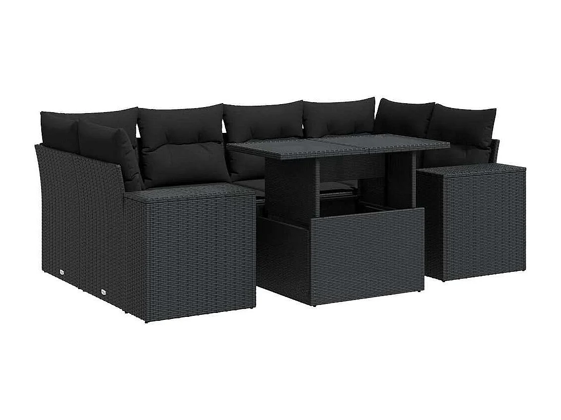7-tlg. Garten-Sofagarnitur mit Kissen Schwarz Poly Rattan