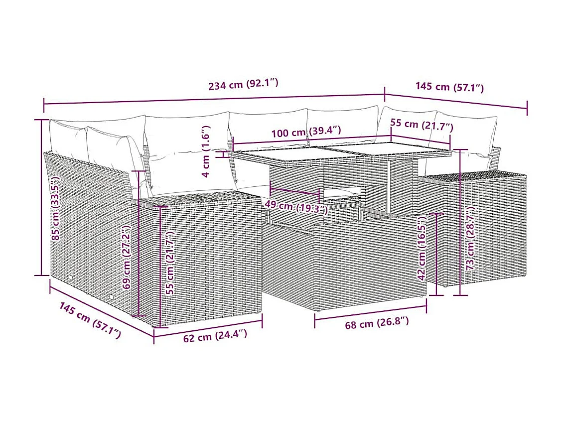 7-tlg. Garten-Sofagarnitur mit Kissen Schwarz Poly Rattan