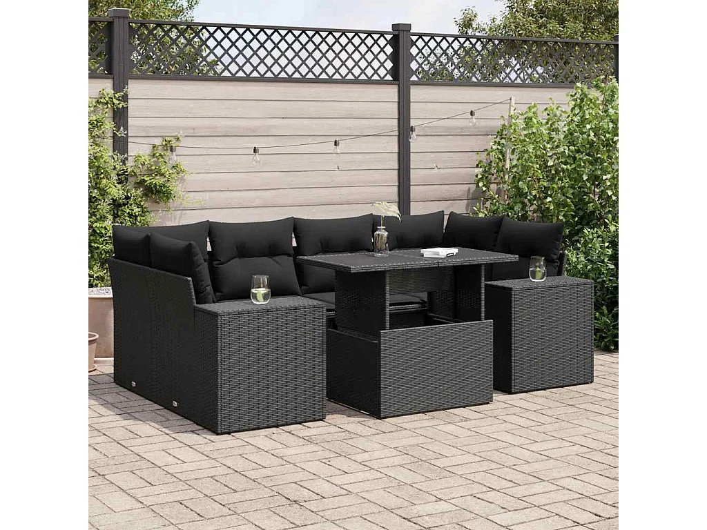 7-delige Loungeset met kussens poly rattan zwart
