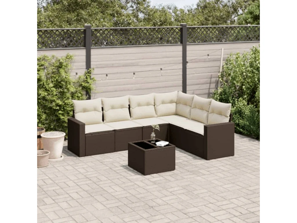7-tlg. Garten-Sofagarnitur mit Kissen Braun Poly Rattan
