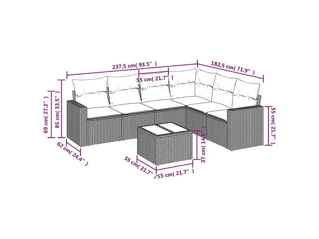 7-tlg. Garten-Sofagarnitur mit Kissen Braun Poly Rattan