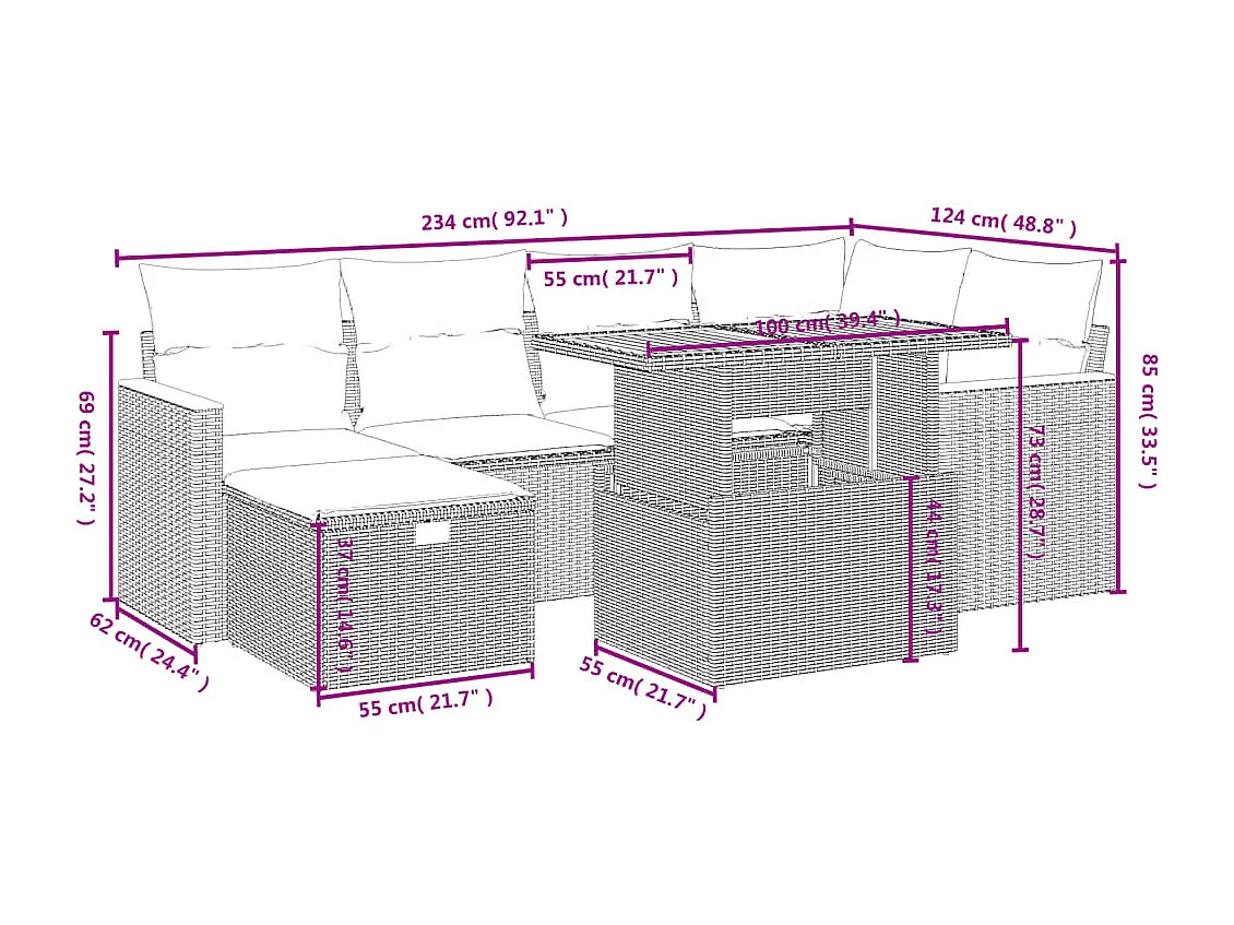 Salon de jardin avec coussins 7 pcs beige résine tressée