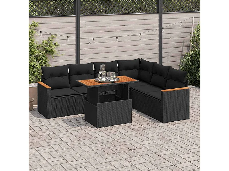 Salon de jardin avec coussins 7 pcs noir résine tressée acacia