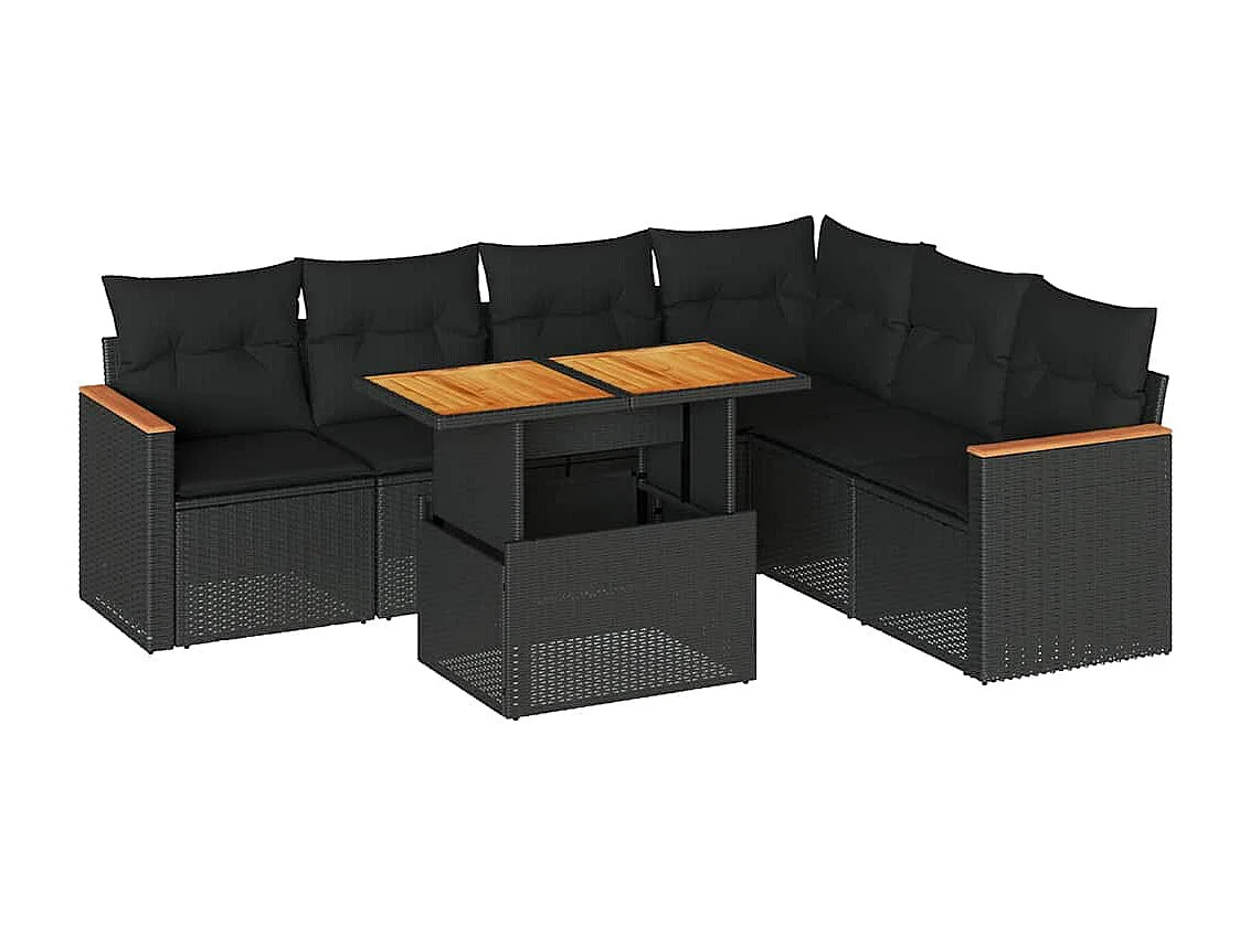 Set Divani da Giardino con Cuscini 7pz Nero Polyrattan Acacia