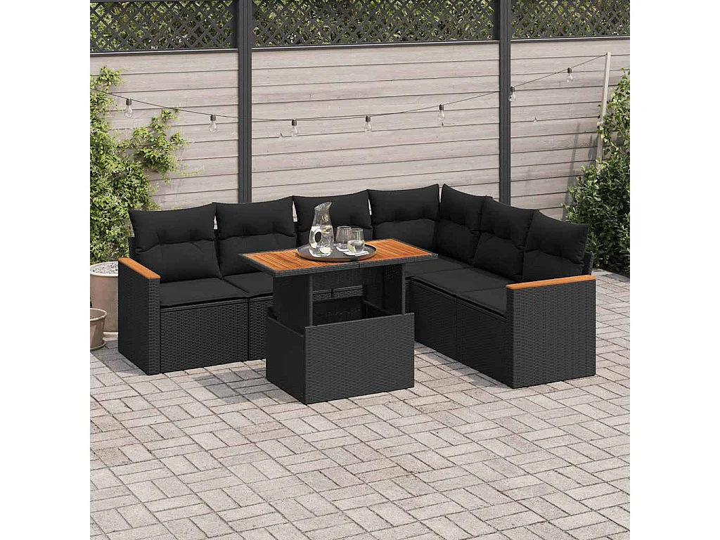 7-delige Loungeset met kussens poly rattan acacia zwart