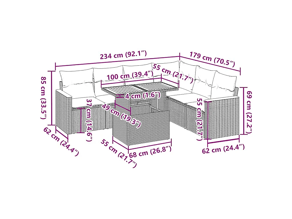 7-delige Loungeset met kussens poly rattan acacia zwart