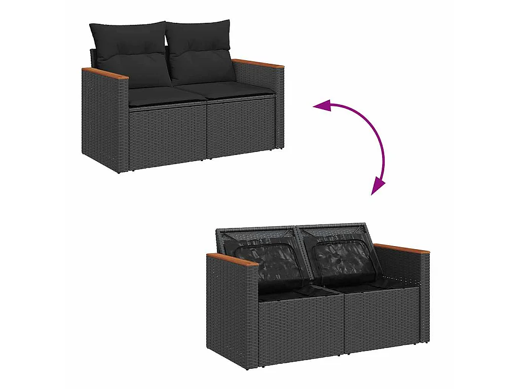 7-delige Loungeset met kussens poly rattan acacia zwart