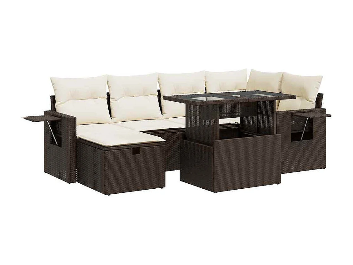 7-delige Loungeset met kussens poly rattan bruin