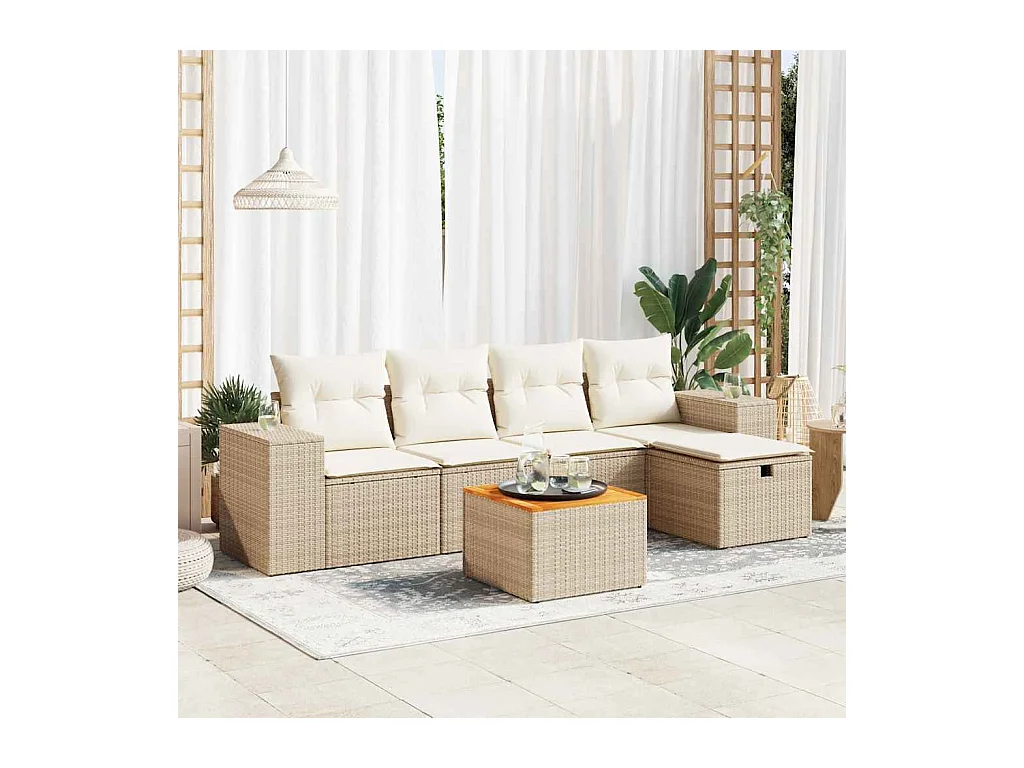 6-tlg. Garten-Sofagarnitur mit Kissen Beige Poly Rattan