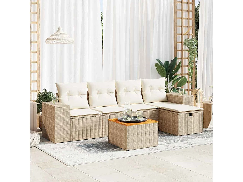 6-tlg. Garten-Sofagarnitur mit Kissen Beige Poly Rattan