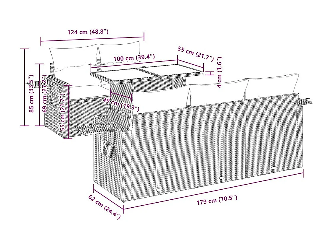 Salon de jardin 6 pcs avec coussins gris résine tressée