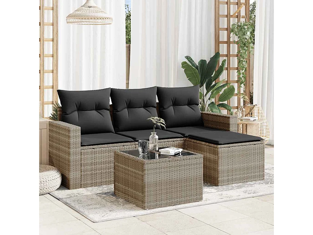 Set de sofás jardín y cojines 5 pzas ratán sintético gris claro