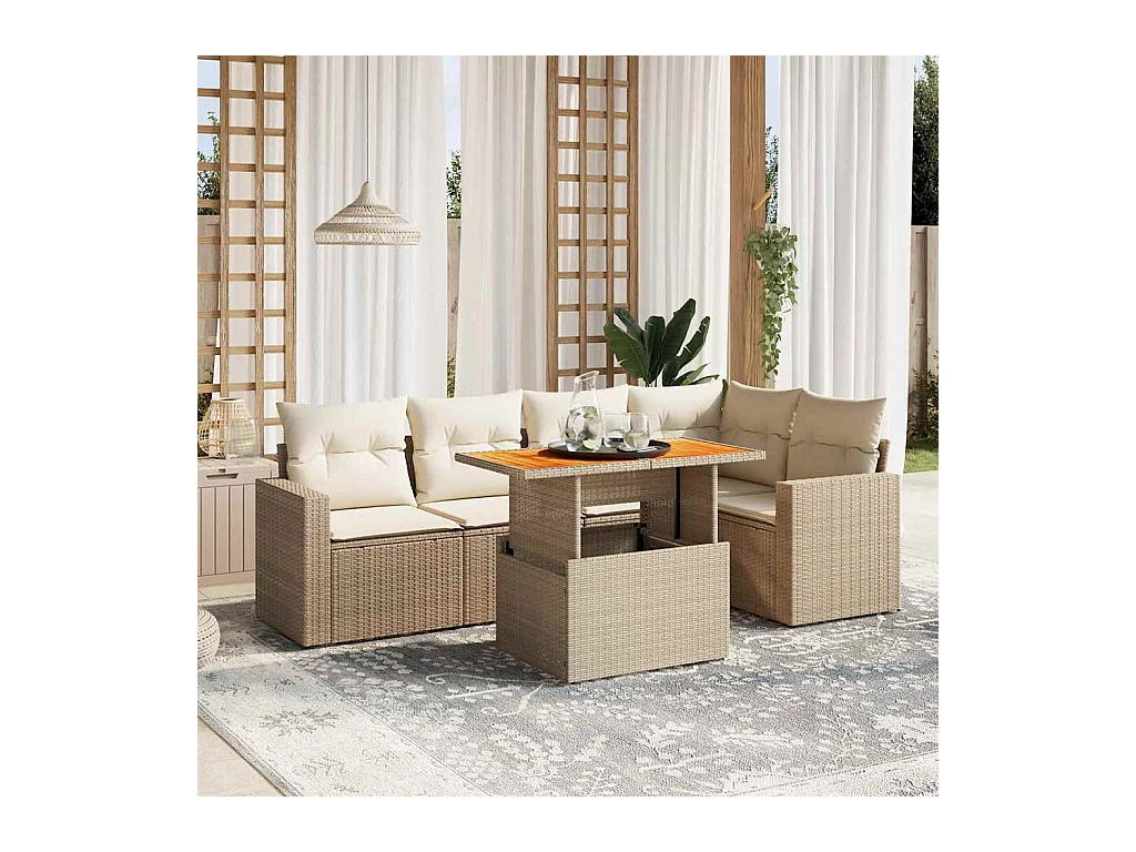 Salon de jardin avec coussins 6 pcs beige résine tressée