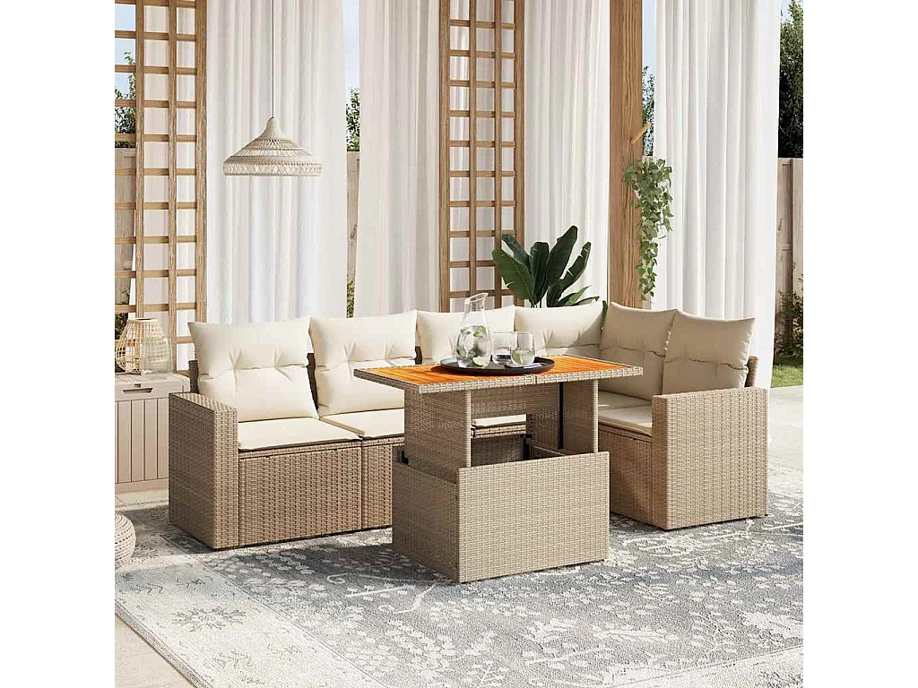 Set Divano da Giardino 6 pz con Cuscini Beige in Polyrattan
