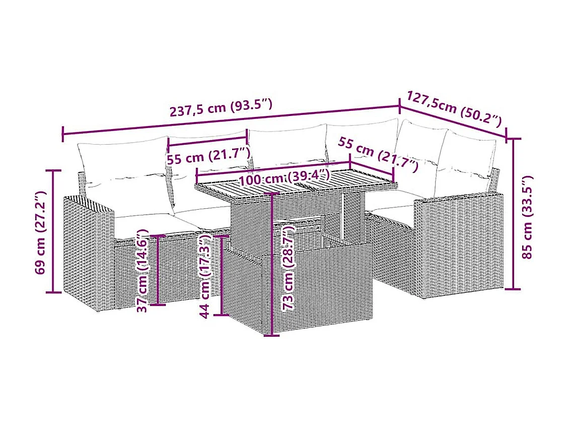 Set Divano da Giardino 6 pz con Cuscini Beige in Polyrattan