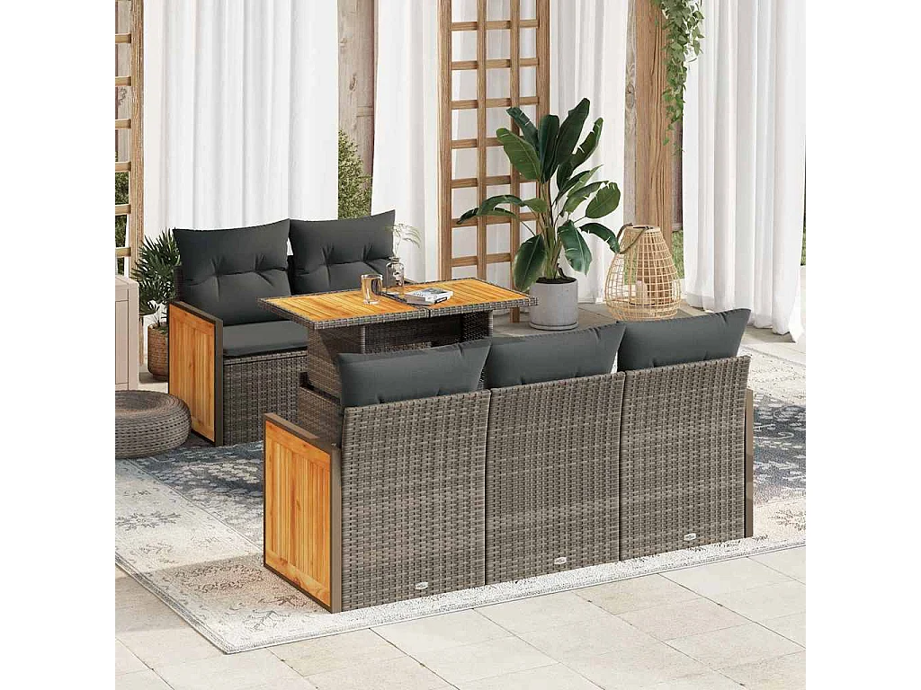 Salon de jardin avec coussins 6 pcs gris résine tressée acacia