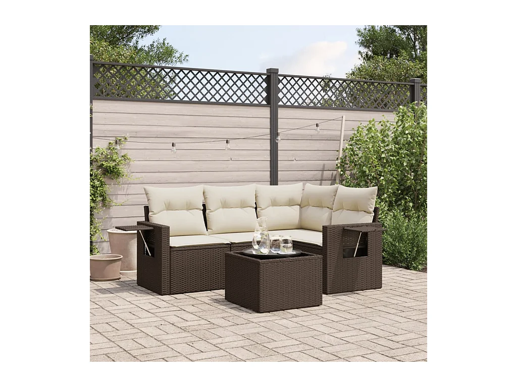 Set Divano da Giardino 5 pz con Cuscini Marrone in Polyrattan