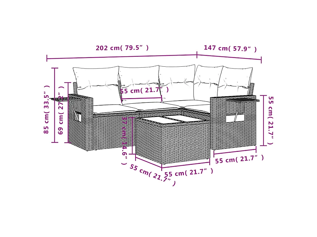 Set comedor de jardín 5 piezas y cojines ratán sintético marrón