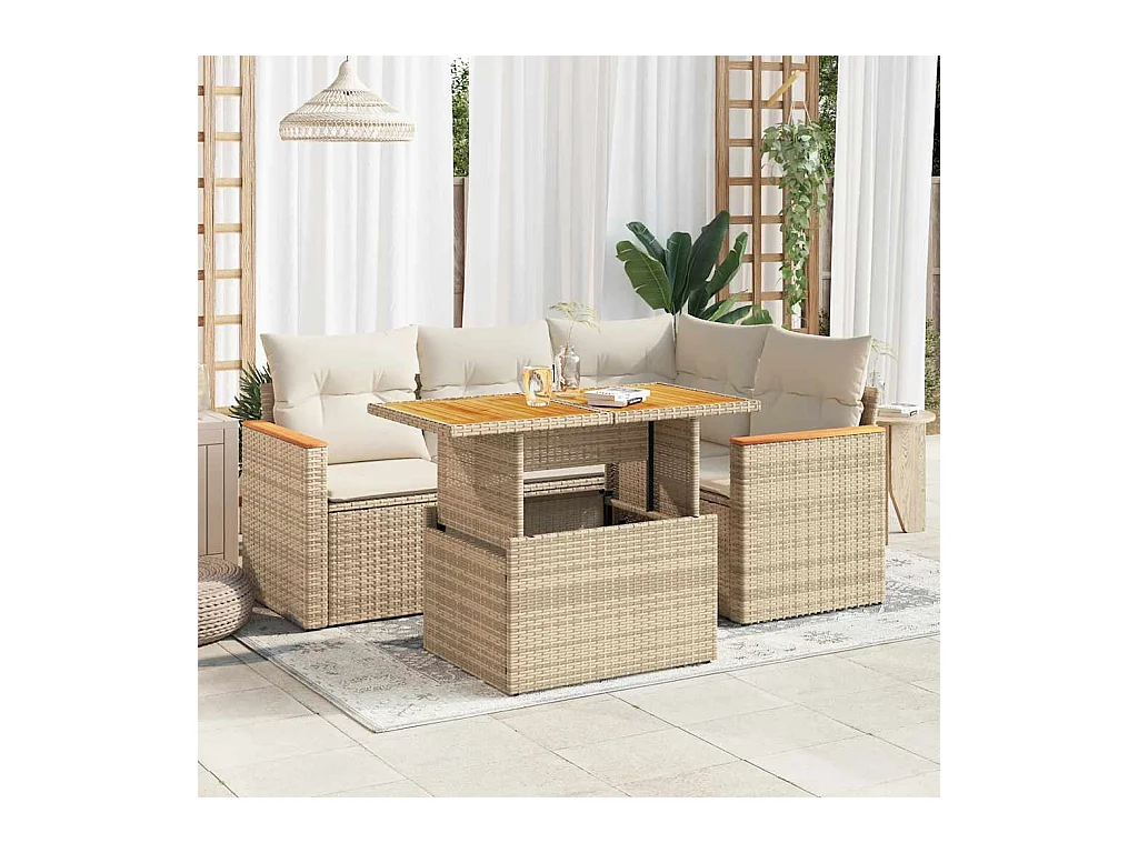 Salon de jardin avec coussins 5 pcs beige résine tressée acacia