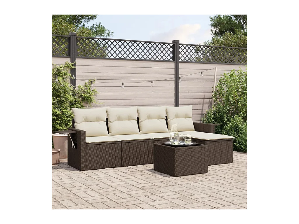 6-delige Loungeset met kussens poly rattan bruin