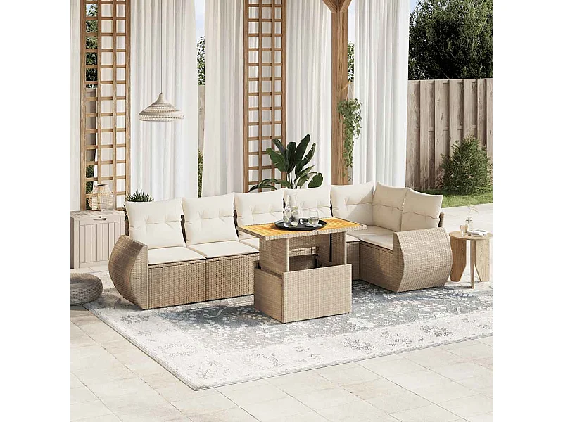 7 pcs conjunto de sofás p/ jardim com almofadões vime PE bege