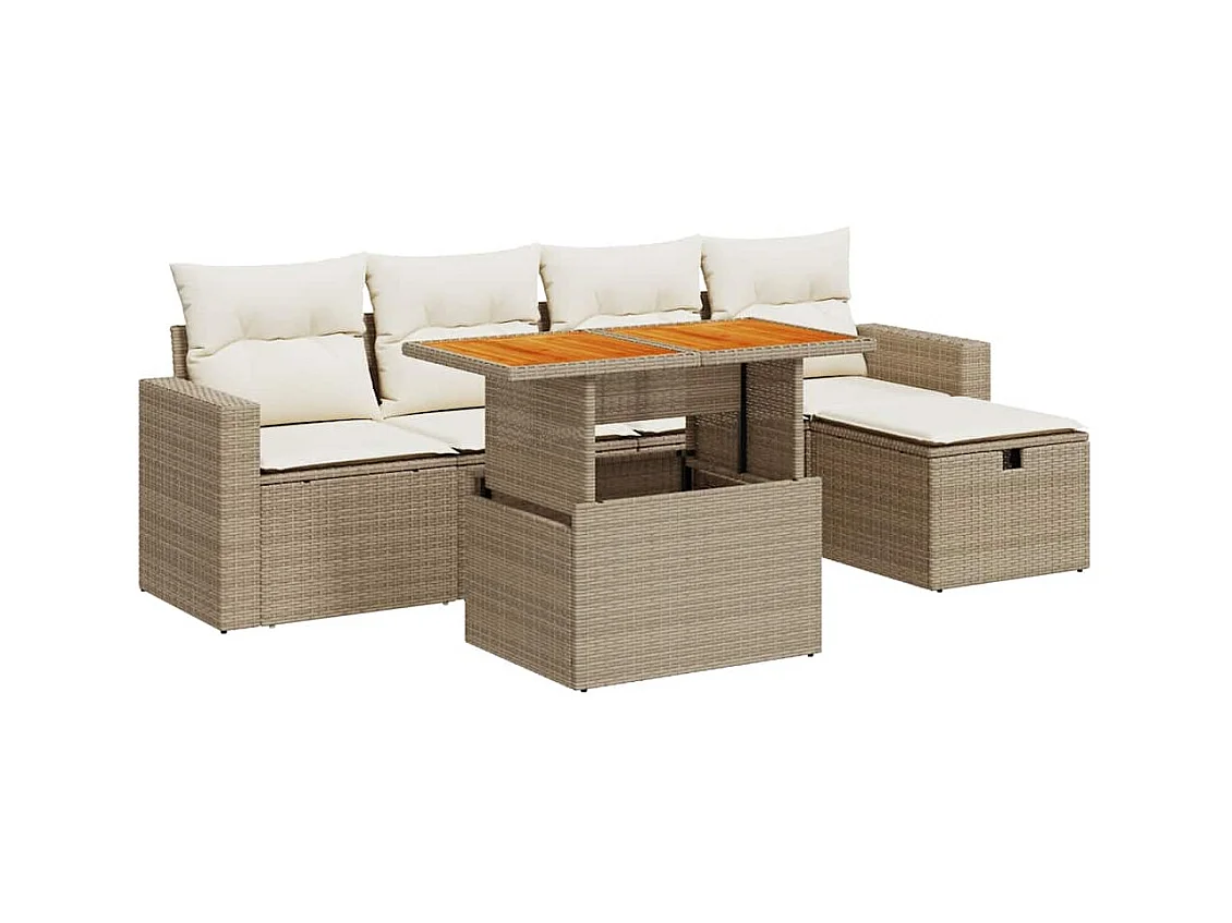 Salon de jardin 6 pcs avec coussins beige résine tressée acacia