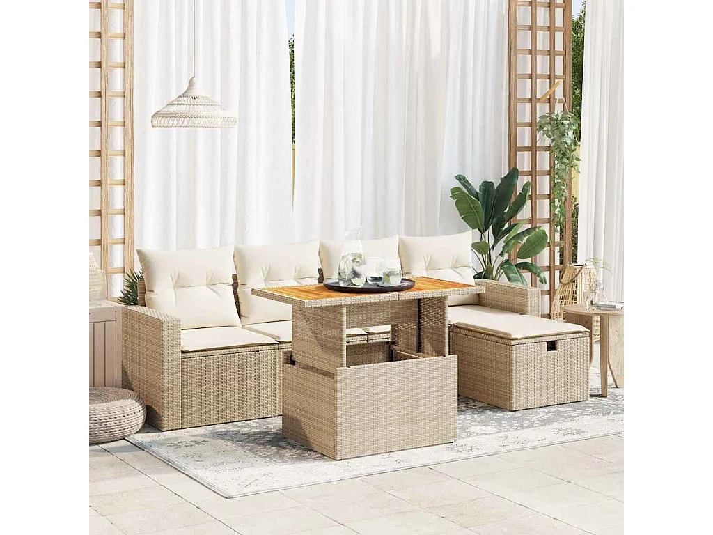 6-tlg. Garten-Sofagarnitur mit Kissen Beige Poly Rattan Akazie