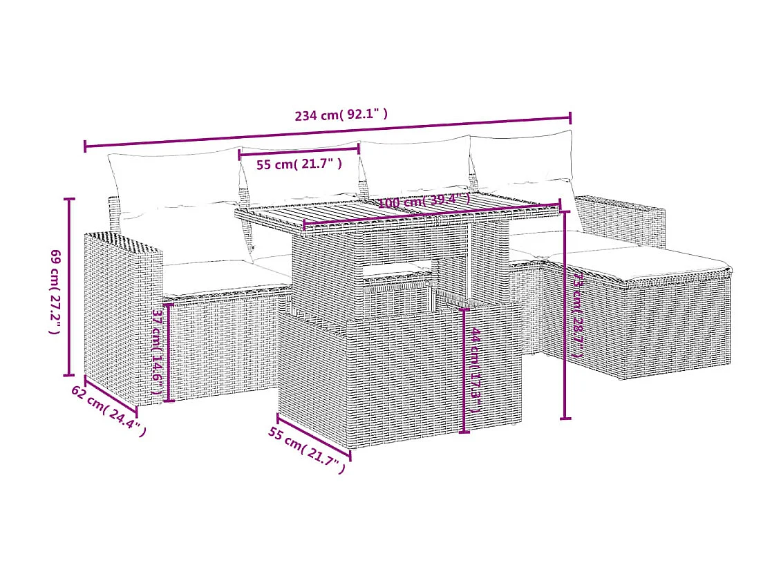 6-tlg. Garten-Sofagarnitur mit Kissen Beige Poly Rattan