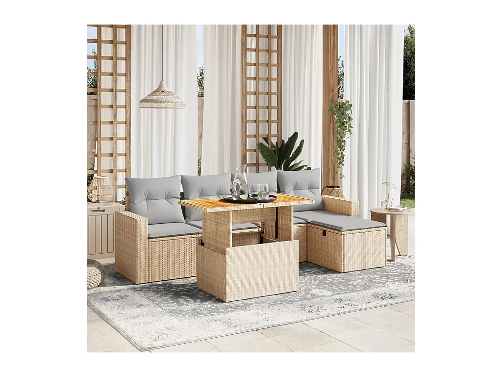 Salon de jardin avec coussins 6 pcs beige résine tressée