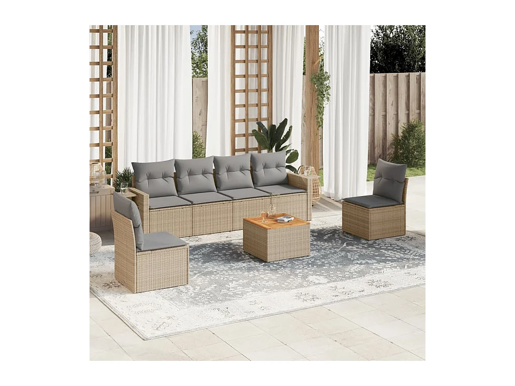 7-delige Loungeset met kussens poly rattan beige