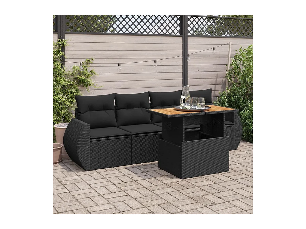 Salon de jardin 5 pcs avec coussins noir résine tressée