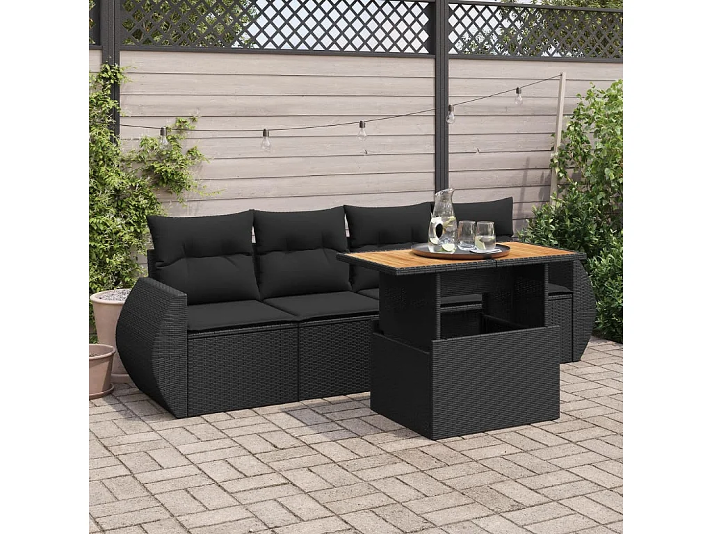 5-delige Loungeset met kussens poly rattan zwart