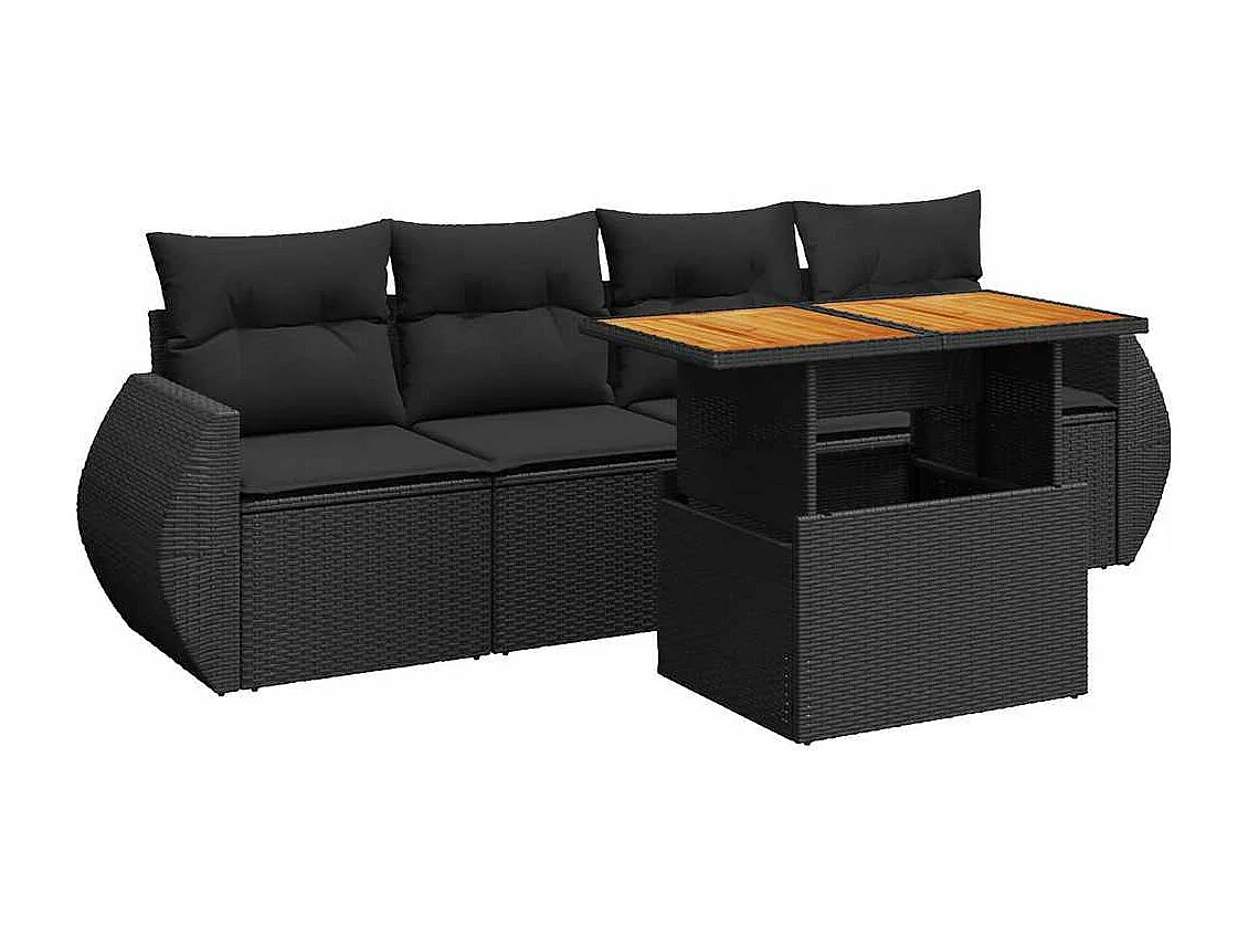 5-delige Loungeset met kussens poly rattan zwart