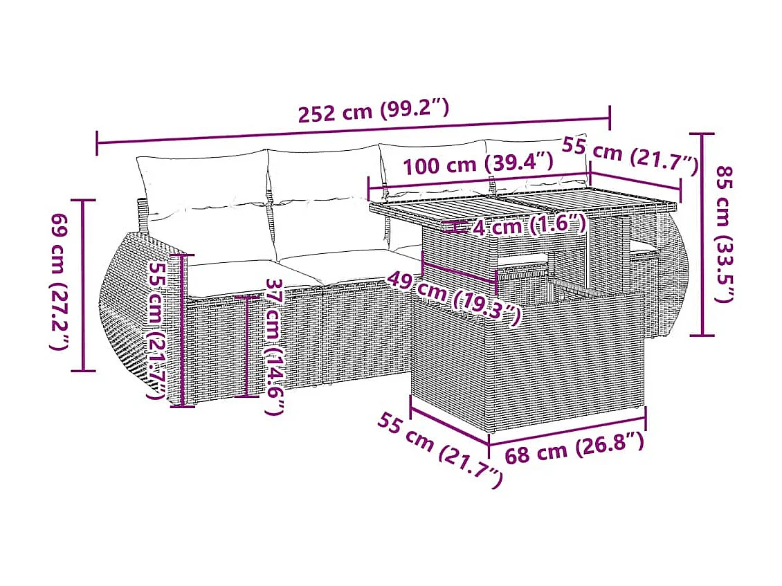 5-delige Loungeset met kussens poly rattan zwart