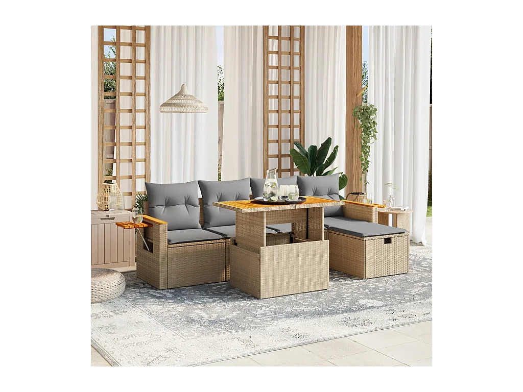 Salon de jardin avec coussins 6 pcs beige résine tressée