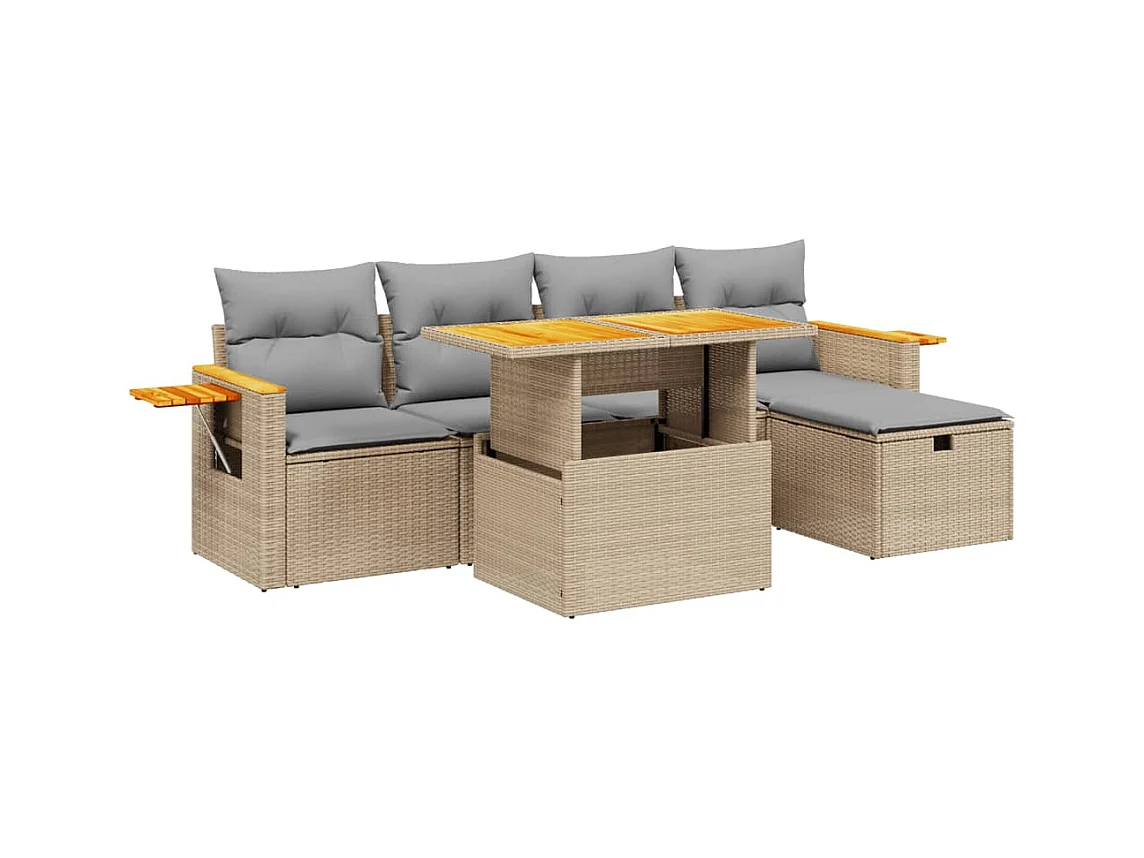 6-tlg. Garten-Sofagarnitur mit Kissen Beige Poly Rattan