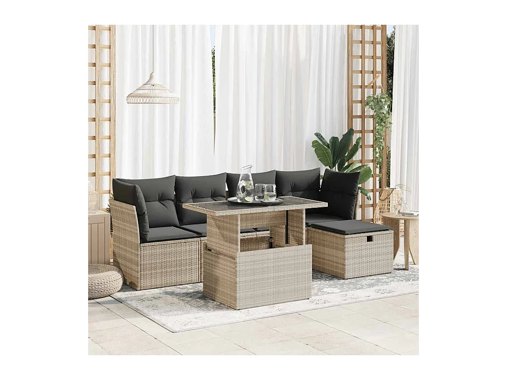 Salon de jardin 6 pcs avec coussins gris clair résine tressée