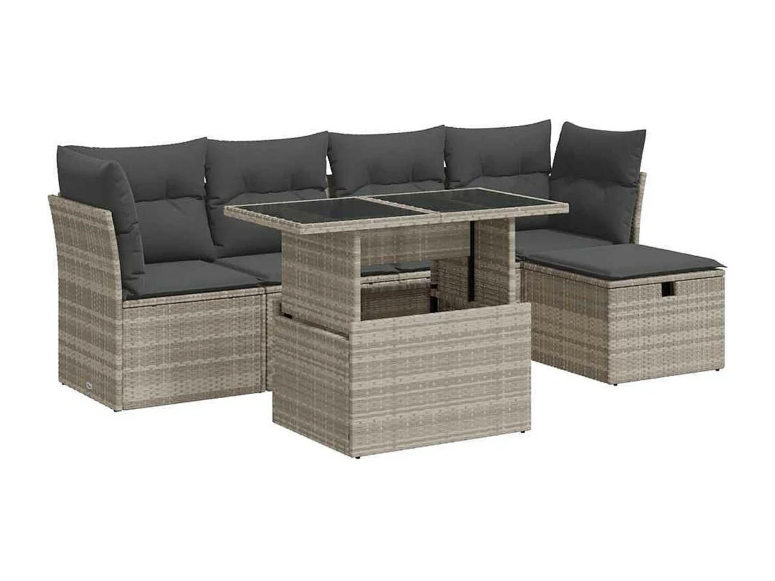 6-tlg. Garten-Sofagarnitur mit Kissen Hellgrau Poly Rattan