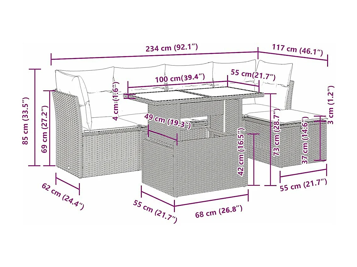 6-tlg. Garten-Sofagarnitur mit Kissen Hellgrau Poly Rattan
