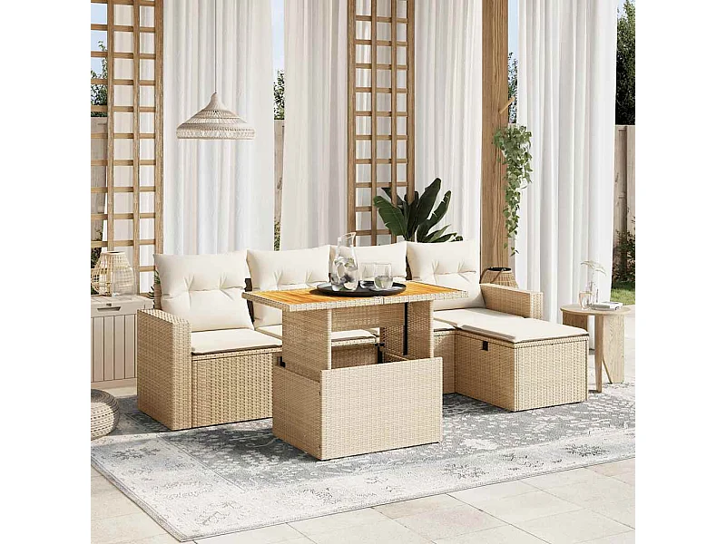 6 pcs conjunto de sofás p/ jardim com almofadões vime PE bege