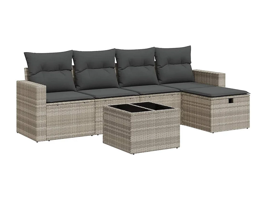 Salon de jardin 6 pcs avec coussins gris clair résine tressée