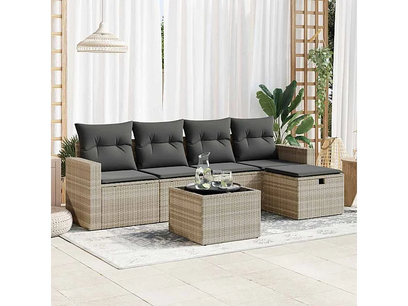 6-tlg. Garten-Sofagarnitur mit Kissen Hellgrau Poly Rattan