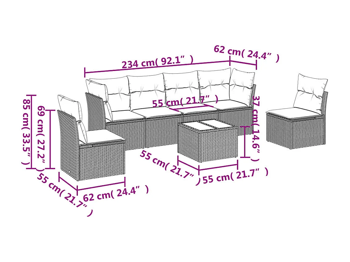 7-delige Loungeset met kussens poly rattan bruin