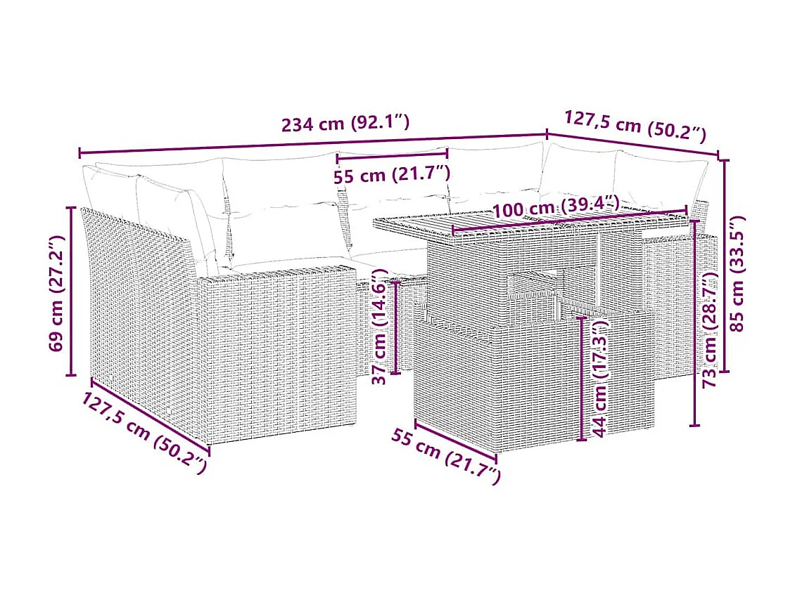 Salon de jardin avec coussins 7 pcs beige résine tressée